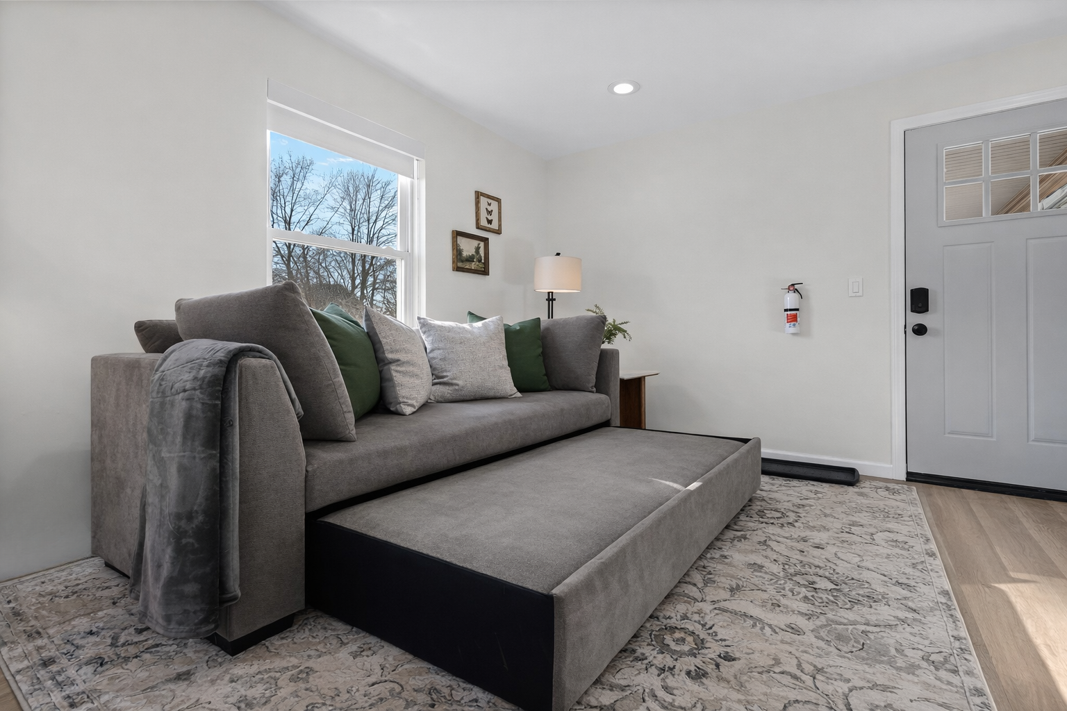 Spacious living area featuring a cozy sofa with pull-out sleeping space, soft natural light, and modern touches—perfect for relaxing or hosting extra guests.