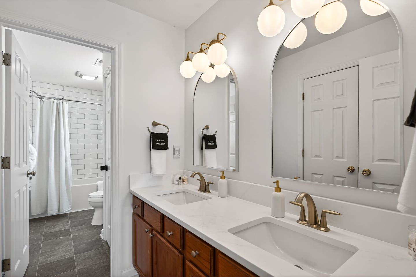 Dual vanity master bath. All toiletries and fresh towels included.