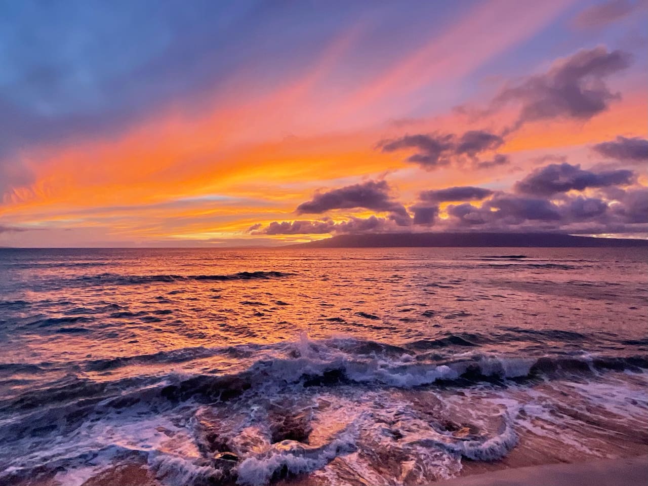 Sunset from Kaanapali Shores resort grounds. During whale season, you can see whales from the resort.