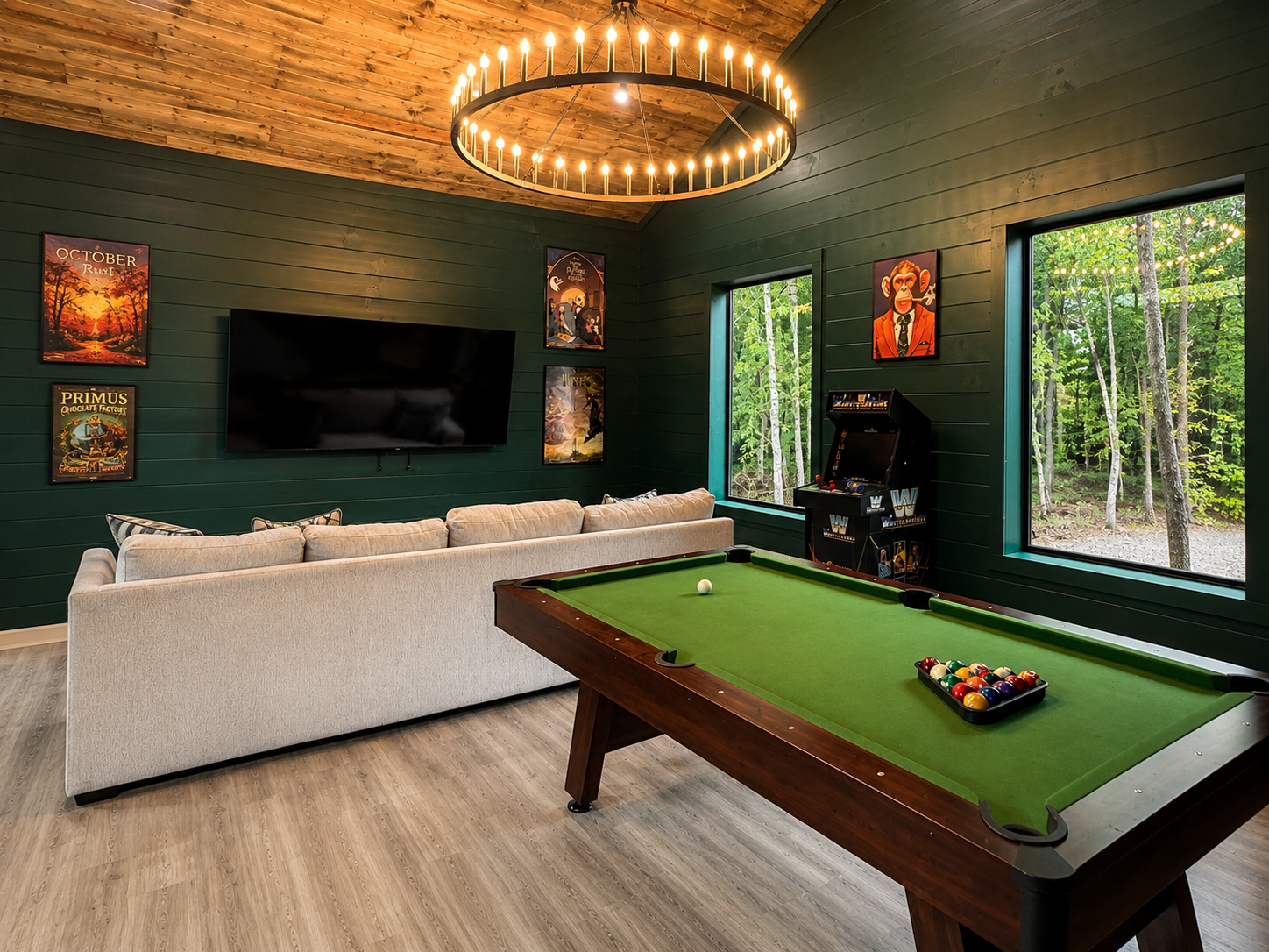 Game Room: Challenge friends to a match while enjoying vibrant views and retro arcade fun!