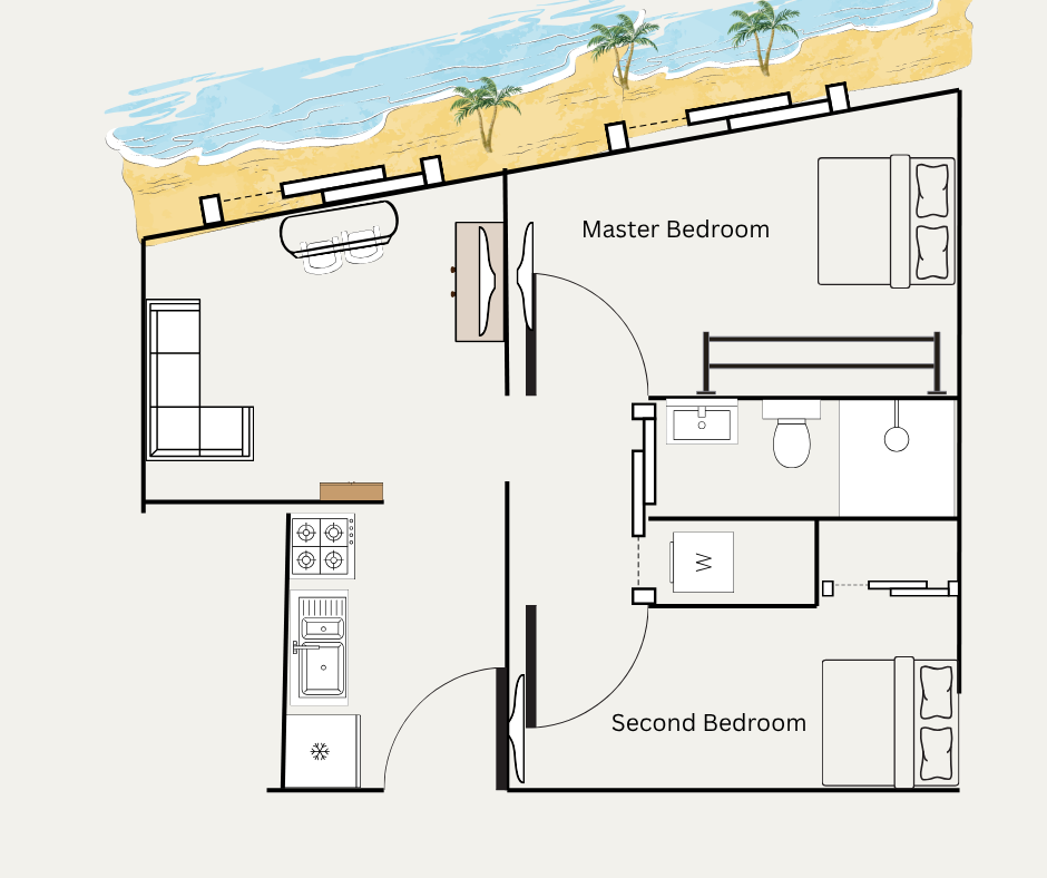 Floor plan of the apartment — not to scale, but it provides a good idea of the layout.