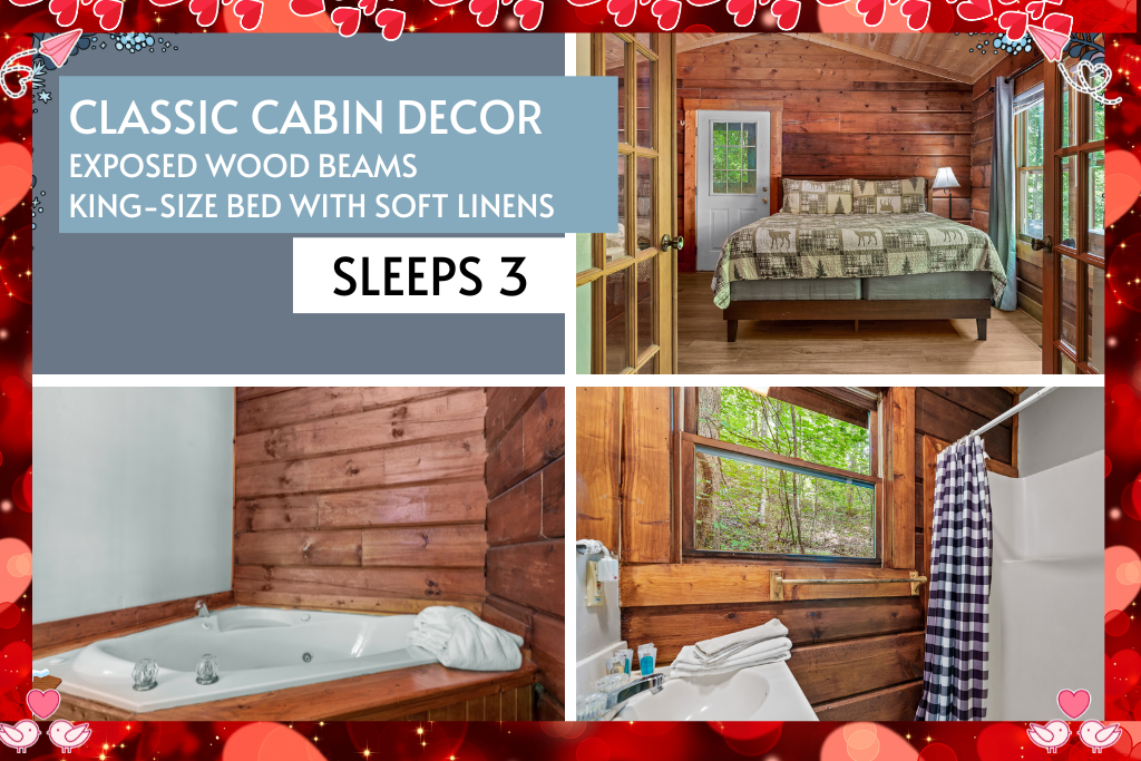 Classic cabin vibes with exposed beams, comfy bedding, and cozy corners.