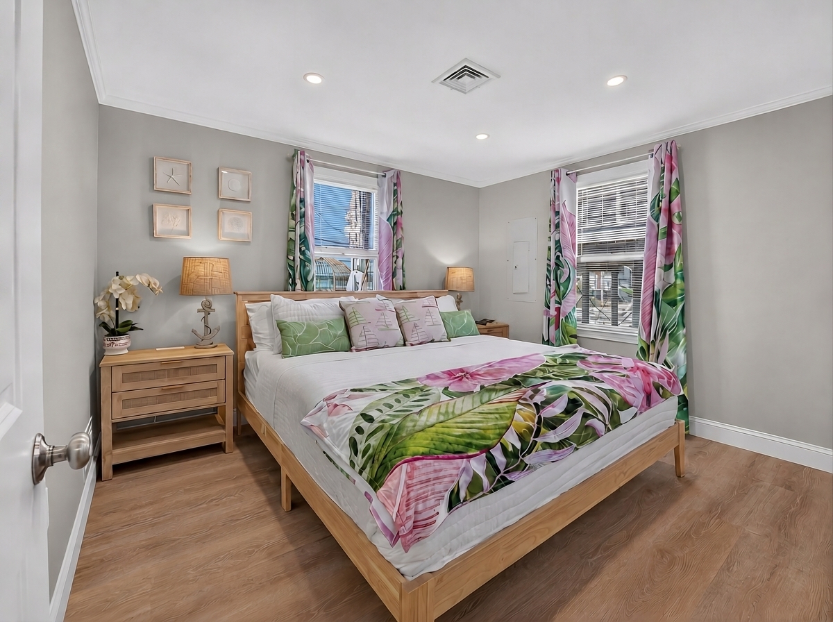 Bright tropical décor creates a cheerful and inviting atmosphere for a restful stay.
