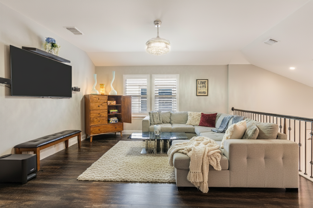 🛋 Living Room Bold design, luxe comfort, and an 80” screen made for movie nights.”