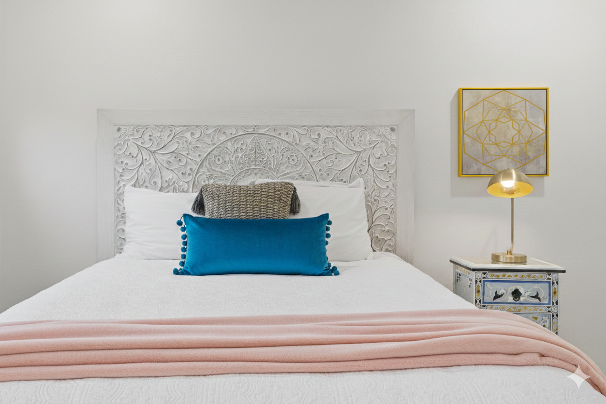 bedroom 1 with ensuite bathroom and queen bed, dresser, black out curtain