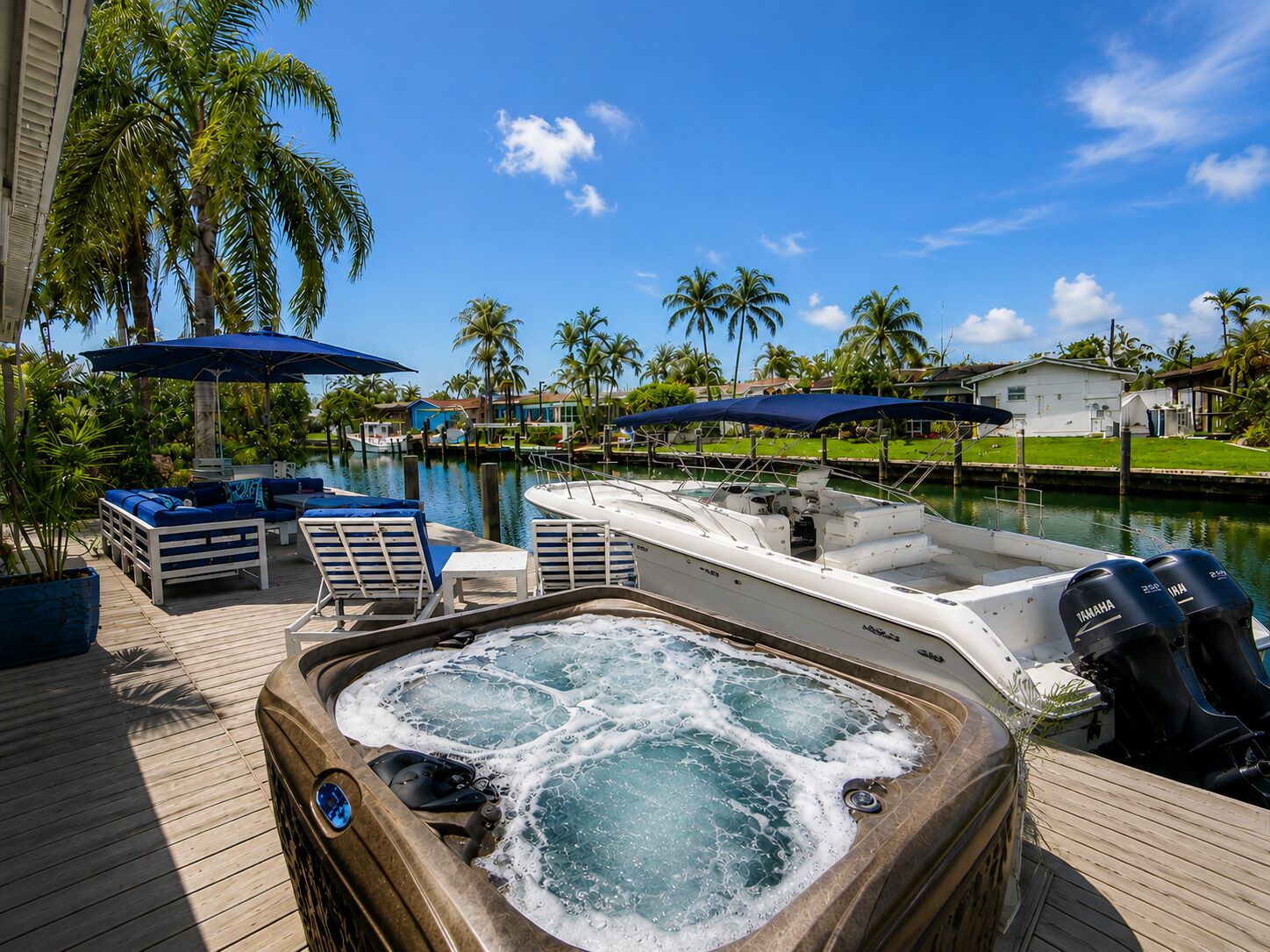 Relax in the private waterfront hot tub while enjoying the dock and canal views. Boaters are welcome to bring their boat with advance approval and an additional docking fee.