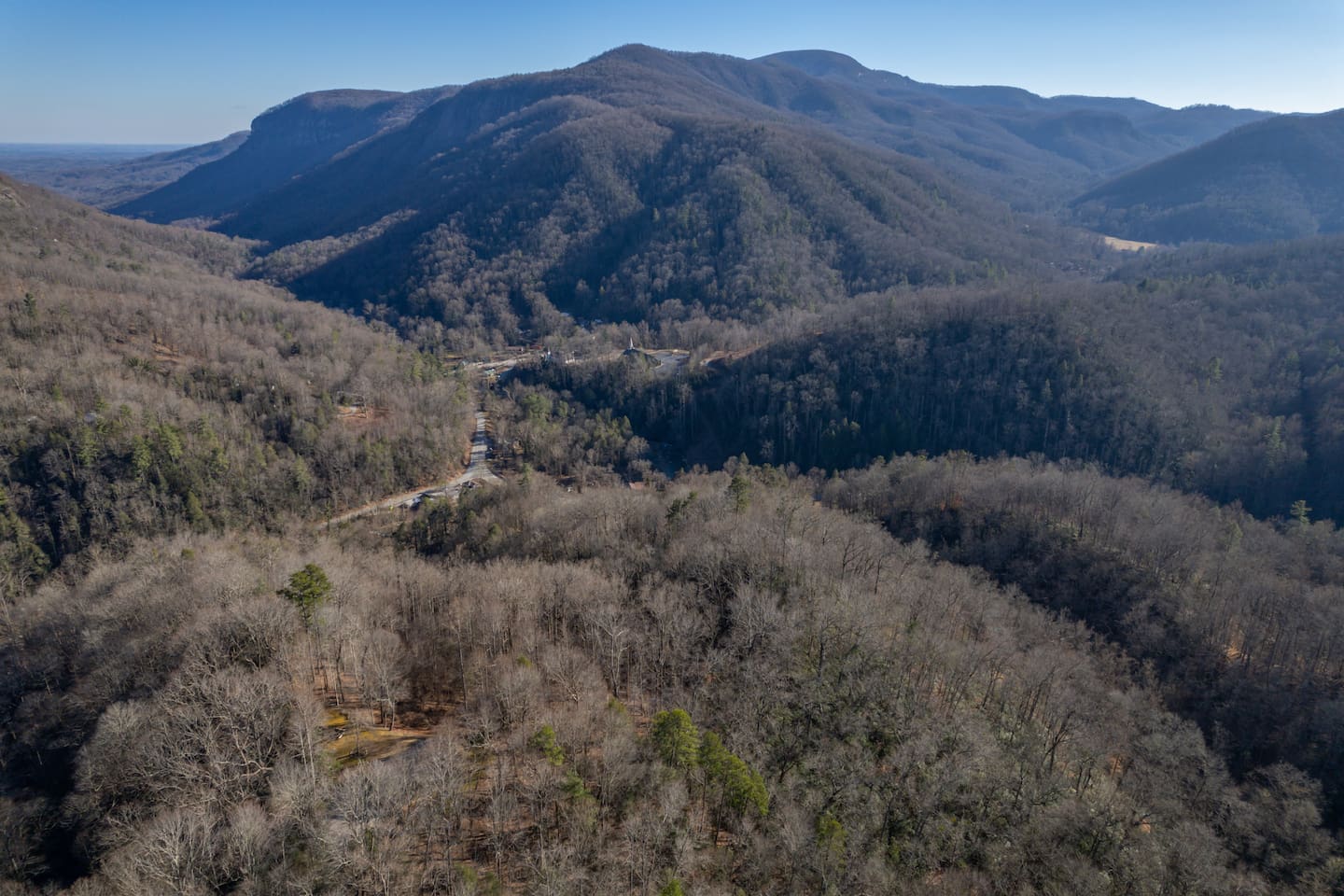 Upper drone view of where the cabin is nestled in the Blue Ridge Mountains