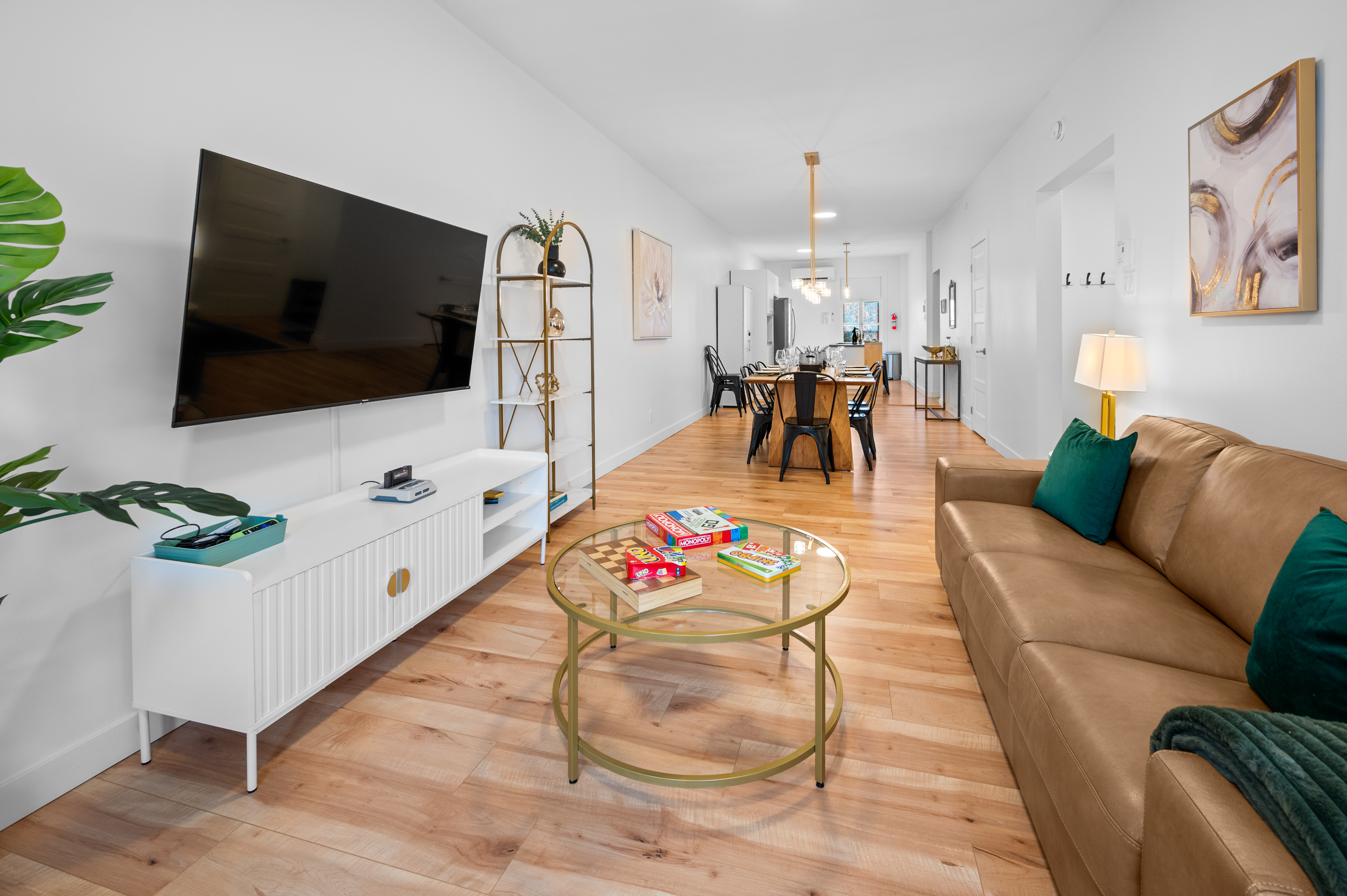 Spacious living room with smart TV for movie nights