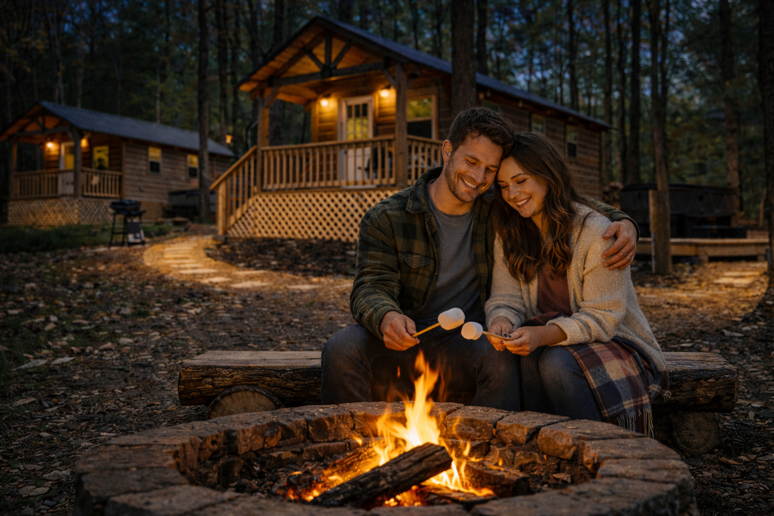 Guests enjoying the firepit at Wild Wood Cabins
