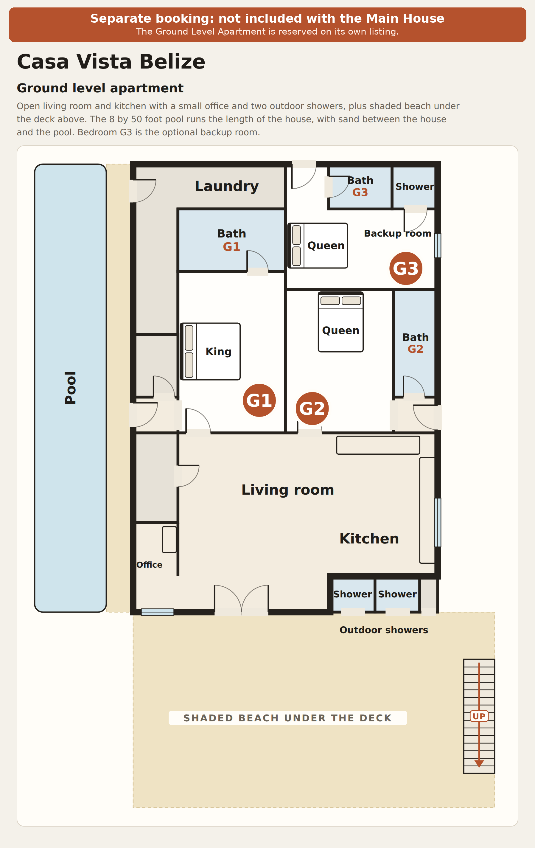 Ground level apartment floor plan, a separate booking not included with the Main House