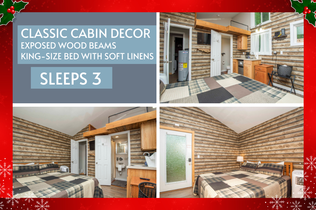 Classic cabin comfort with wood beams and space to sleep 3
