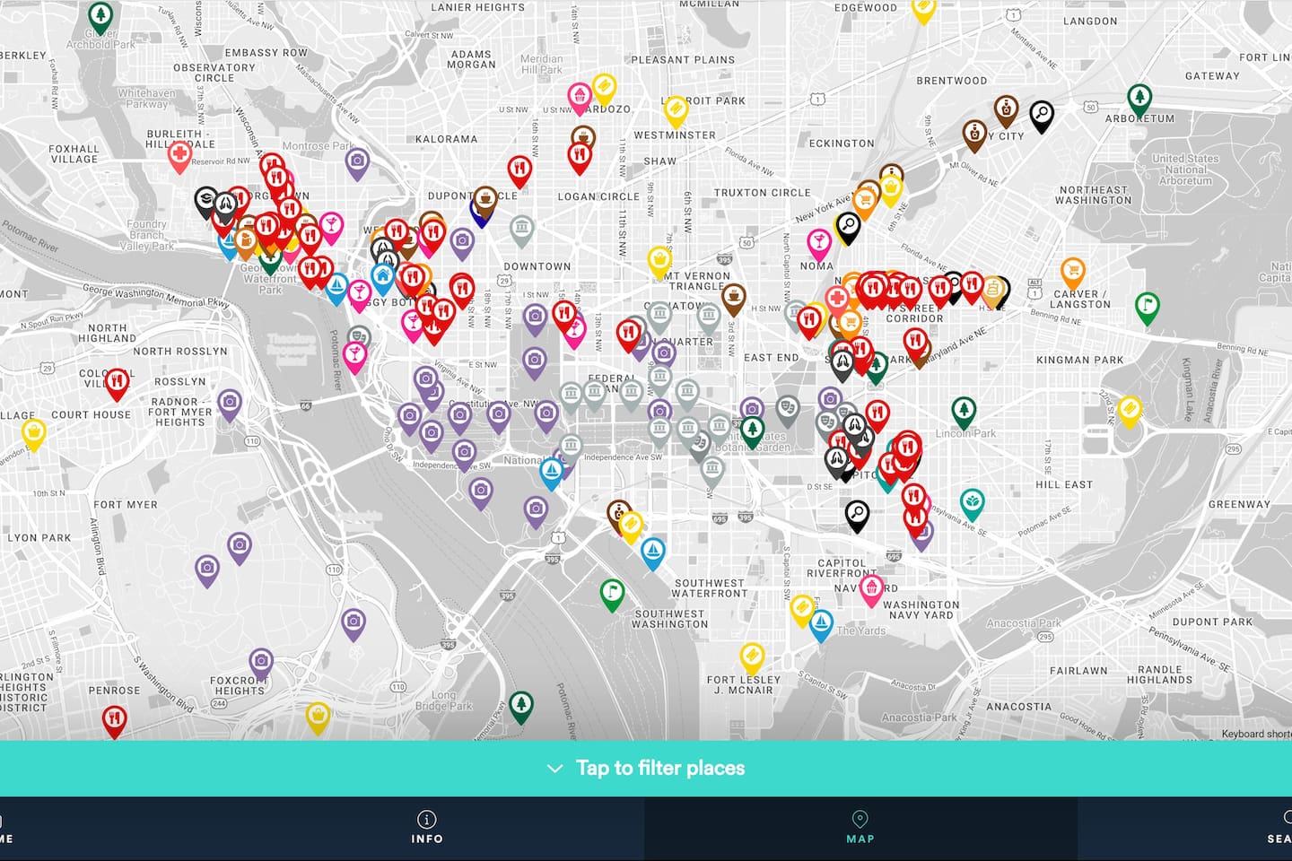 Digital Guidebook: Interactive Map of Local Attractions. Home Marked in Blue.