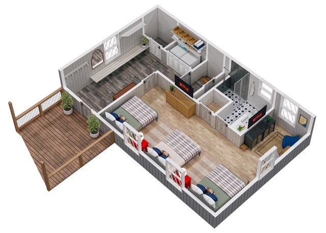 Second Floor Layout: The main gathering level featuring the kitchen, dining area, two living spaces (old and new sides), and access to the expansive deck with outdoor dining, lounge seating, and the sunken hot tub overlooking the mountains.