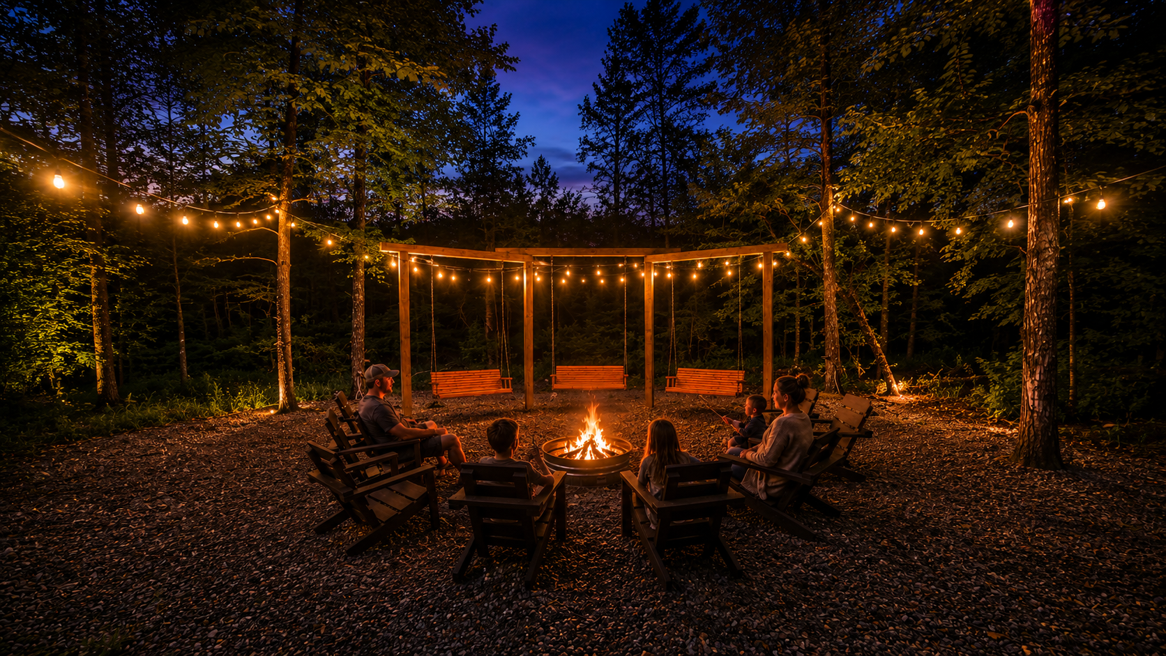 Fire Pit Gathering: Unwind under twinkling lights while roasting marshmallows around the fire!