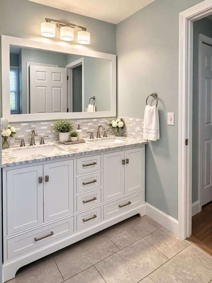 Luxurious Bathroom: Modern fixtures and ample counter space for your serene getaway!