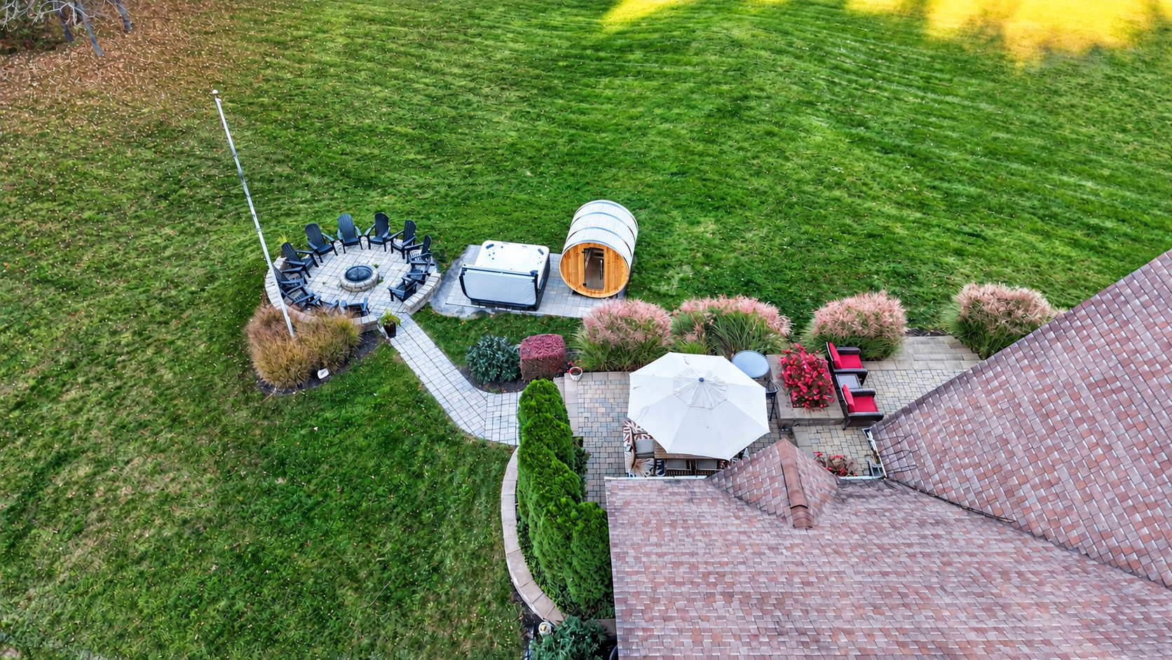 Overhead view of the landscaped outdoor area