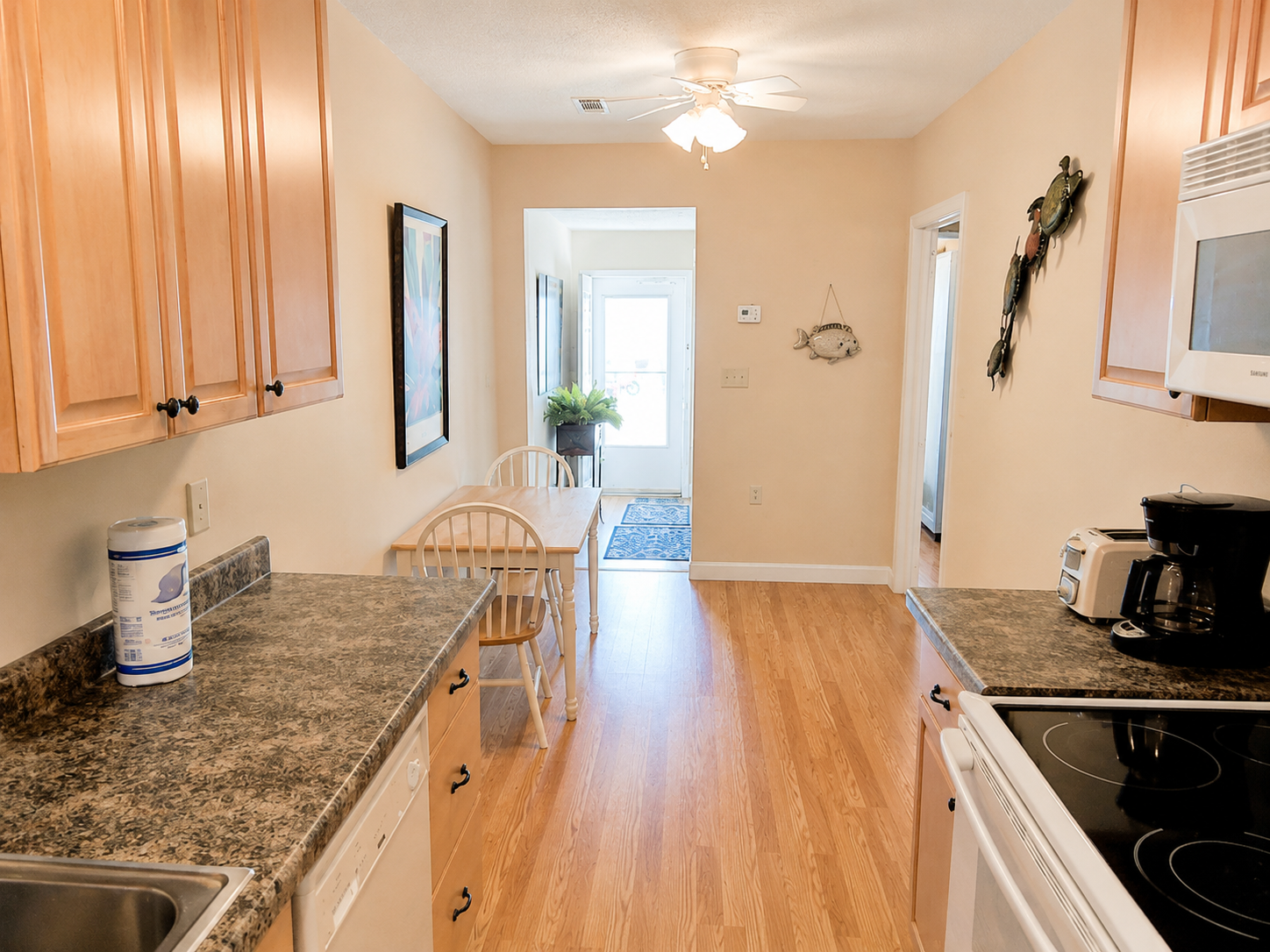 Gally kitchen next to living area
