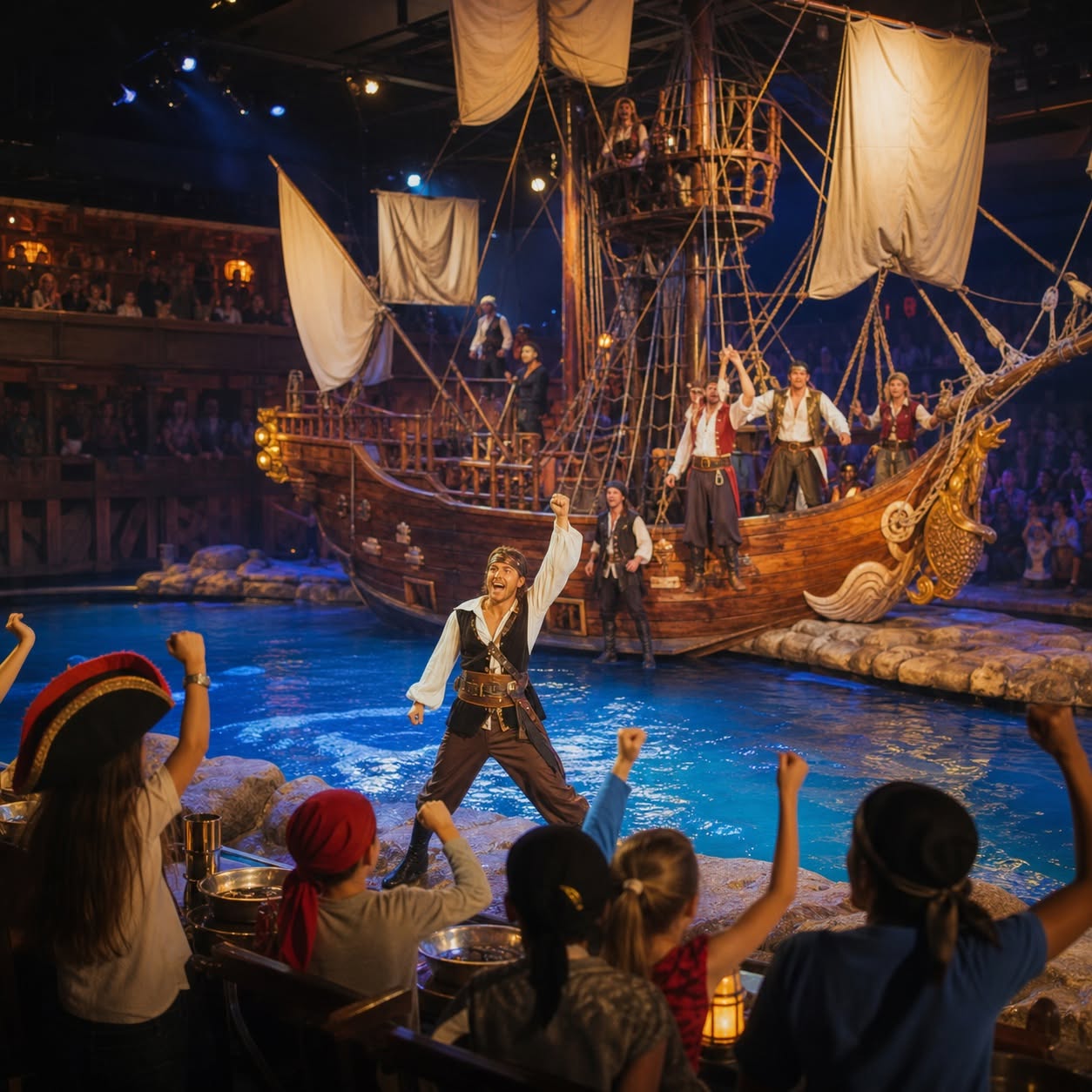 AI-created pirate dinner-show illustration inspired by outings such as Pirates Voyage Dinner & Show. Not a specific performance. Tickets sold separately.