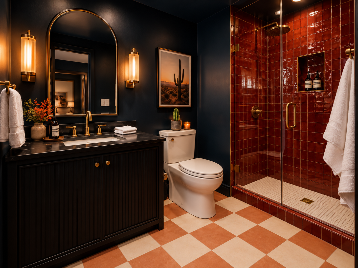 {Bathroom 5 | Ensuite} Moody Inkwell walls, rich red shower tile, playful terracotta-and-cream checkerboard floors, and warm brass accents make this private ensuite a little jewel box of its own.