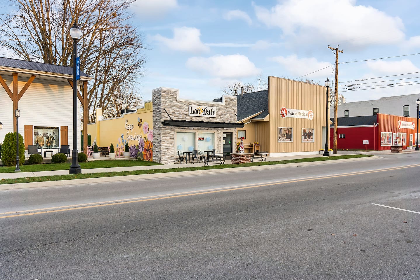 Leo Café and local businesses just around the corner, adding small-town charm.