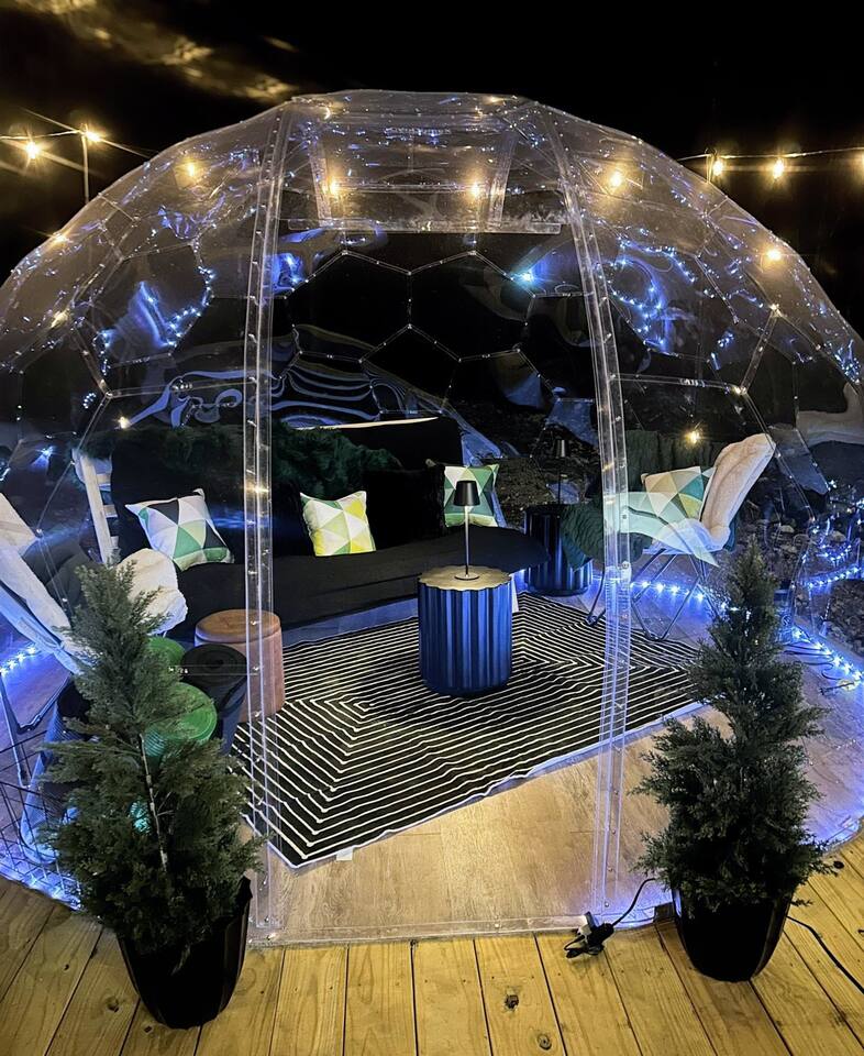 Glamorous Dome Retreat: Stargaze from this charming dome, lit with LED lights and styled as an outdoor room perfect for lounging in any season!
