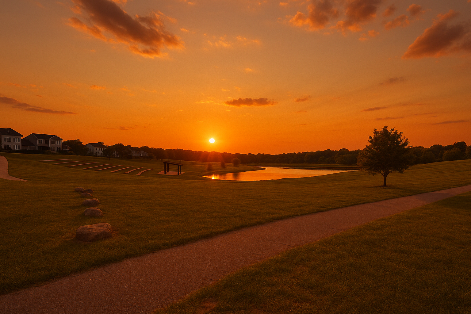 Sunset at the park, golden light reflecting off the water, soft shadows stretching across the lawn, and the sky painted in warm hues as the day winds down.