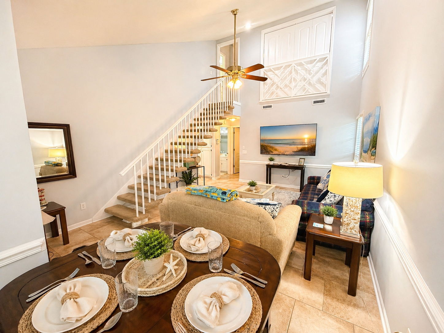 Living room with vaulted ceilings