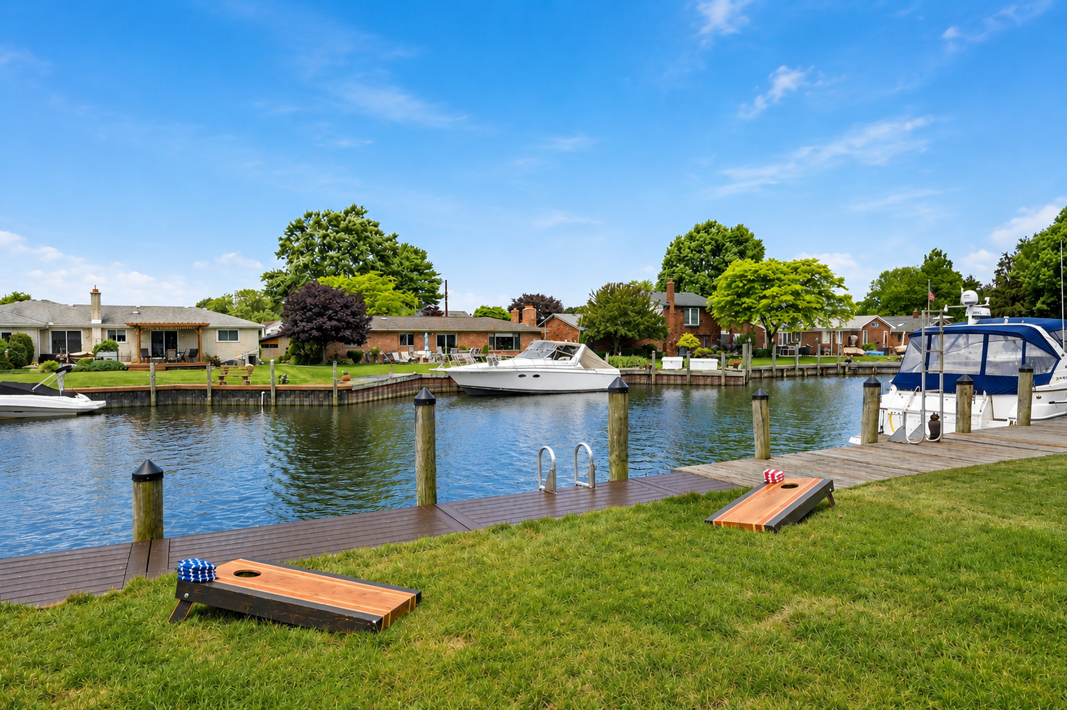 Waterfront lawn with cornhole setup and dock access, offering a peaceful outdoor space for games, relaxation, and scenic canal views.