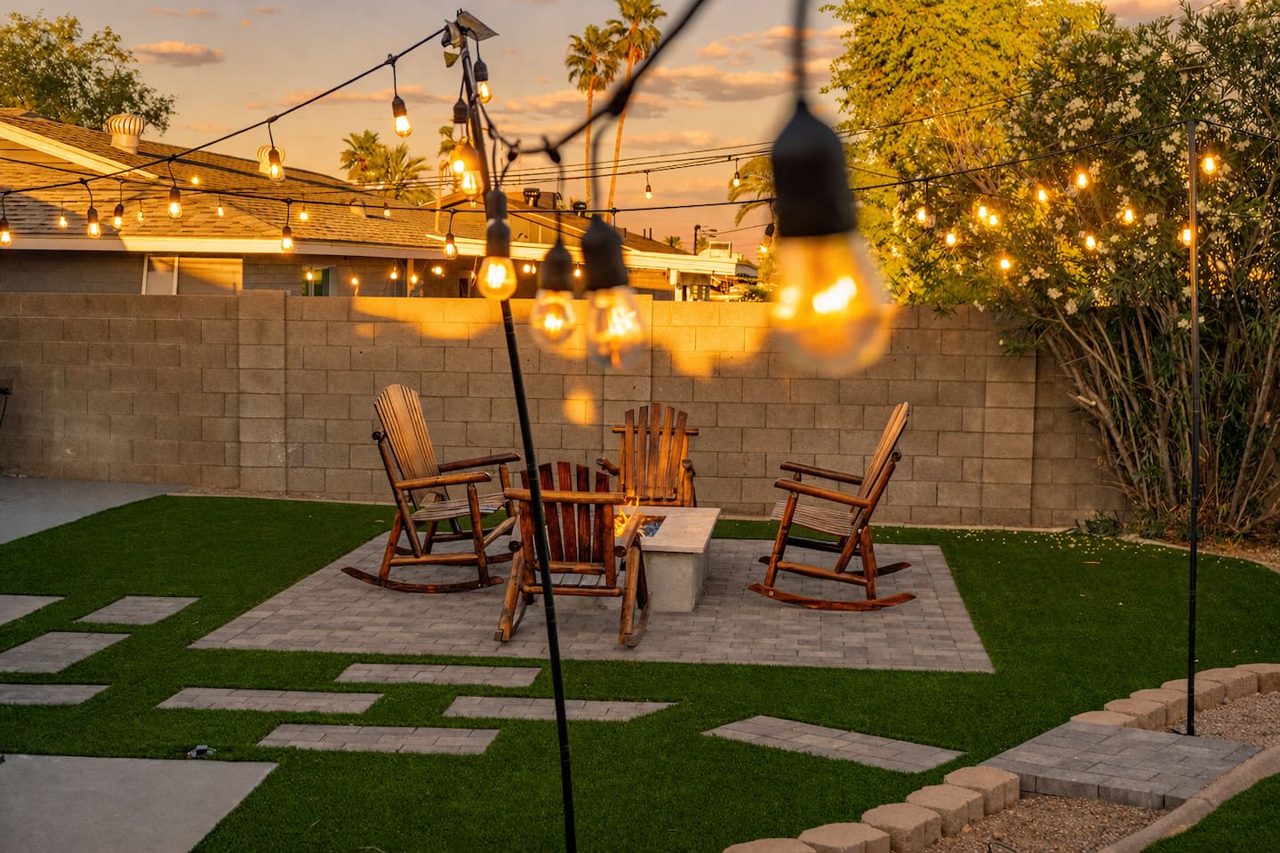 Golden hour glow and fireside nights—gather under the lights, unwind by the fire, and enjoy the best of your Scottsdale retreat