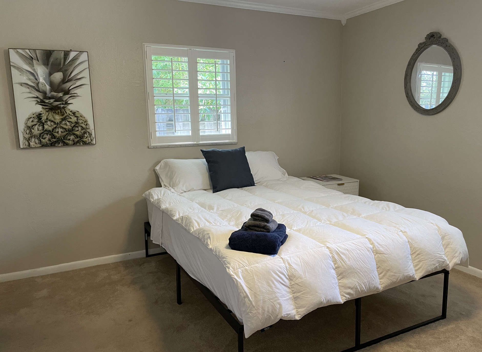 Our main bedroom has plenty of space and a comfortable bed, with an ensuite bathroom also.