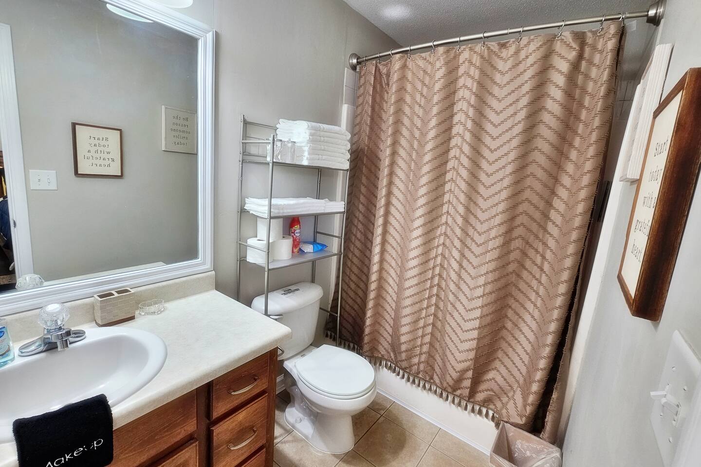 Full-size bathroom attaches to the main room. It contains all your necessities and a little extra. 