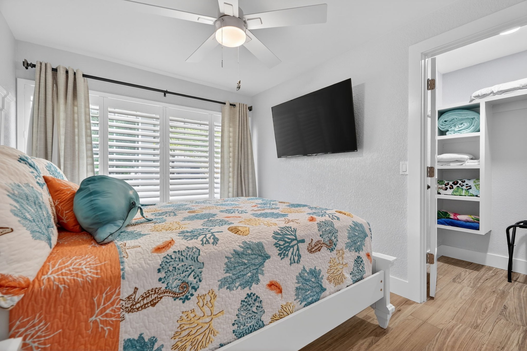 Bedroom with patterned bedspread