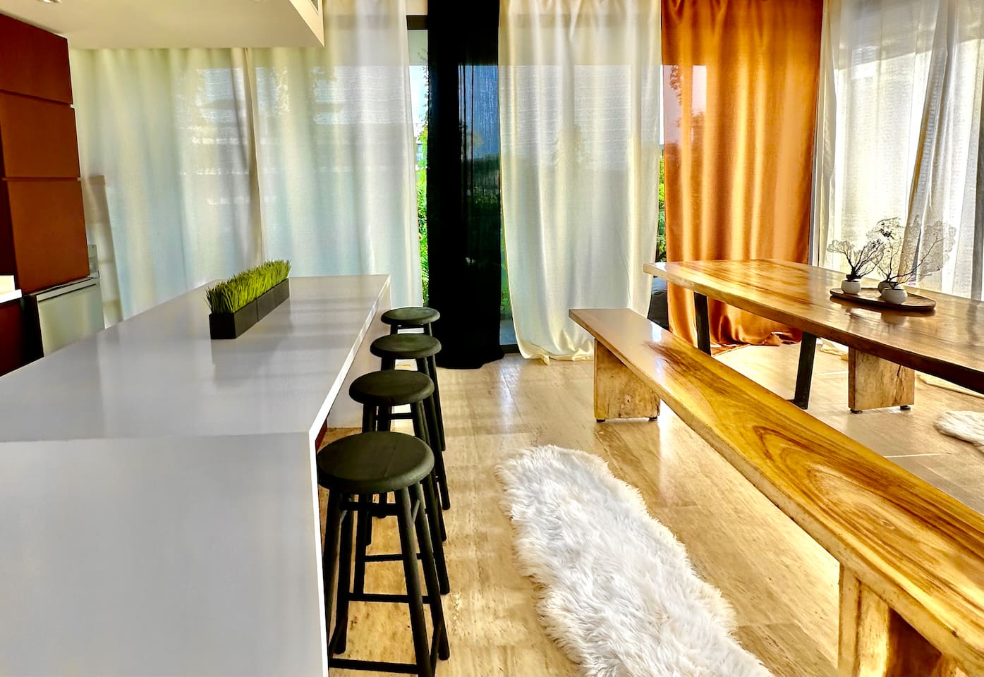 Kitchen and Dining Room with drapes closed 
