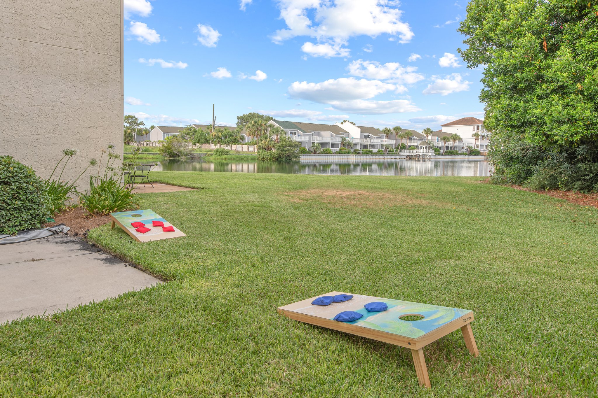 Play a game of cornhole or picnic on the grass to enjoy the scenery
