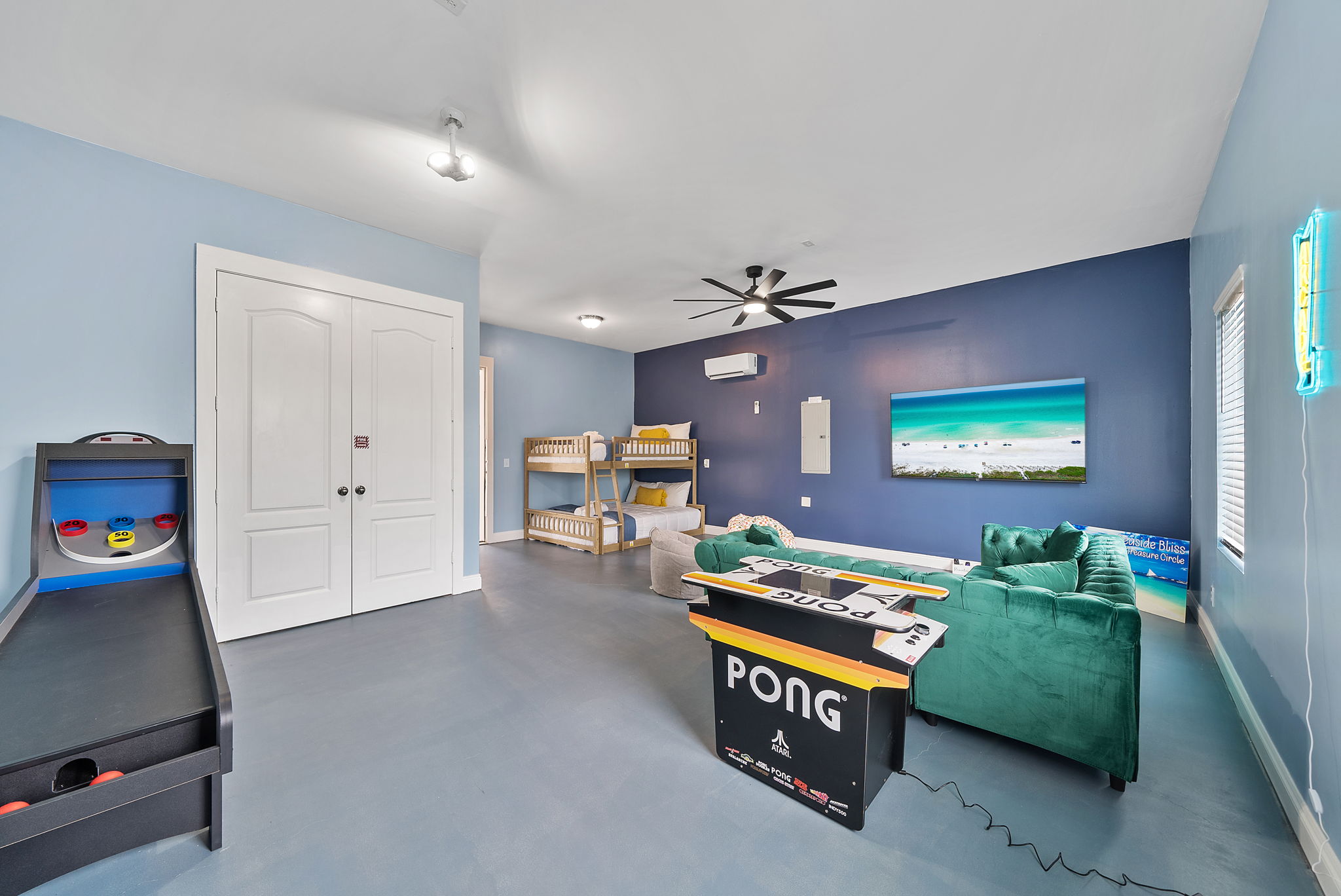 4th bedroom/Game room combo... Sleep, play, repeat__ your fun room with queen bunk beds 