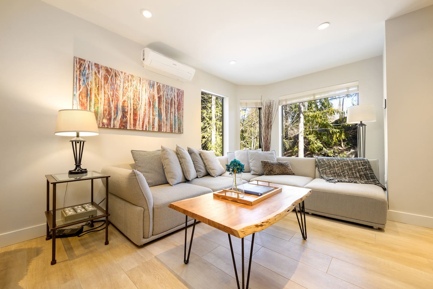 Blackcomb Mountain Gondola views. Big windows, bright, well lit, air conditioned, heated floors, fireplace, 77” Smart HDTV w/Sonos surround sound, PS5, wrap around leather couch, spacious living room, dimmable lights, board games, books, Ski-In & Out