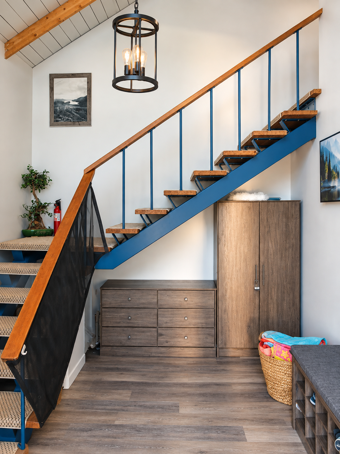 Entryway with stairs leading up to the king bedroom, providing easy access between the main living spaces and sleeping area.