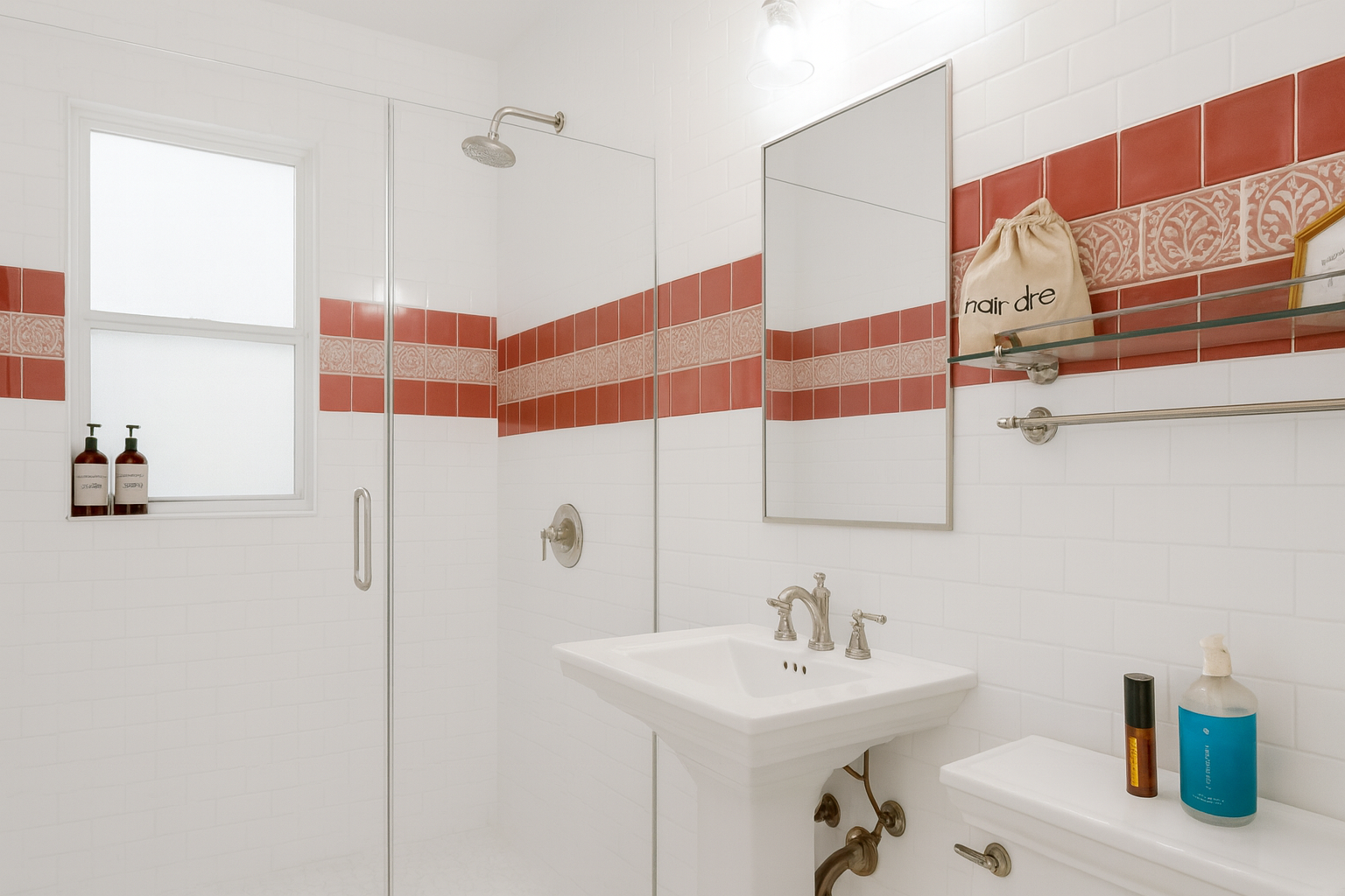 Charming guest bathroom featuring dual shower heads and stylish updated light fixtures. Conveniently shared between two bedrooms, this space combines functionality with vintage-inspired tilewo