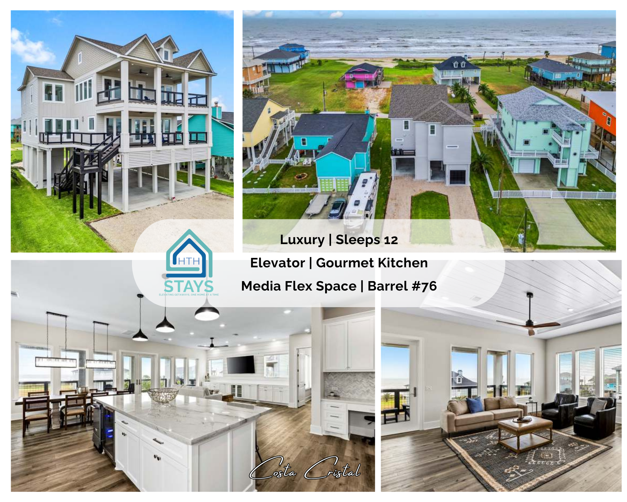 Costa Cristal Exterior: Experience a luxurious beach house with a private elevator, gourmet kitchen, and flexible media space perfect for relaxing or entertaining.