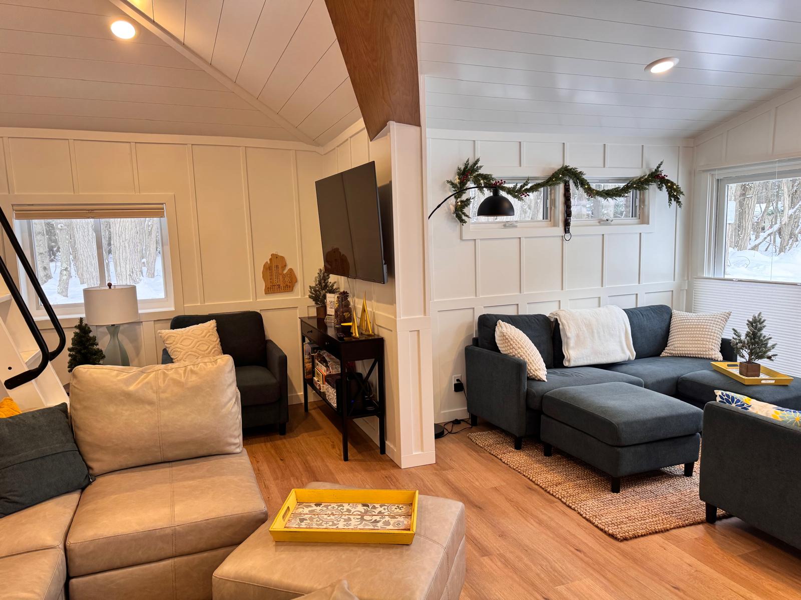 Cozy lounge space styled with winter charm