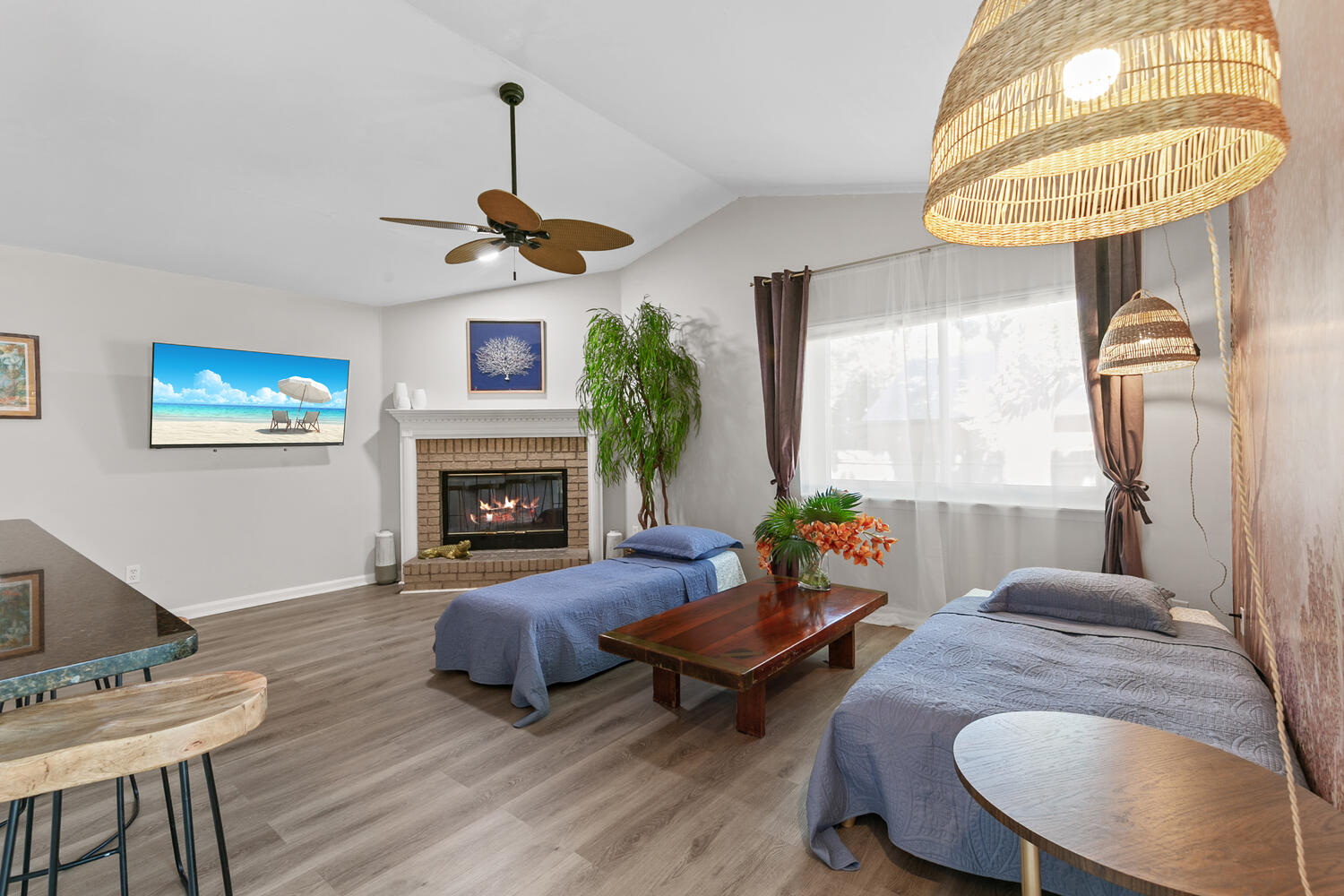 living room showing bed conversion