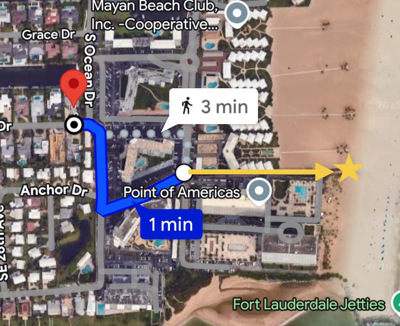 A short walk to the beach down the path, maybe 5 minutes. Beach supplies and a wagon ready to go. 