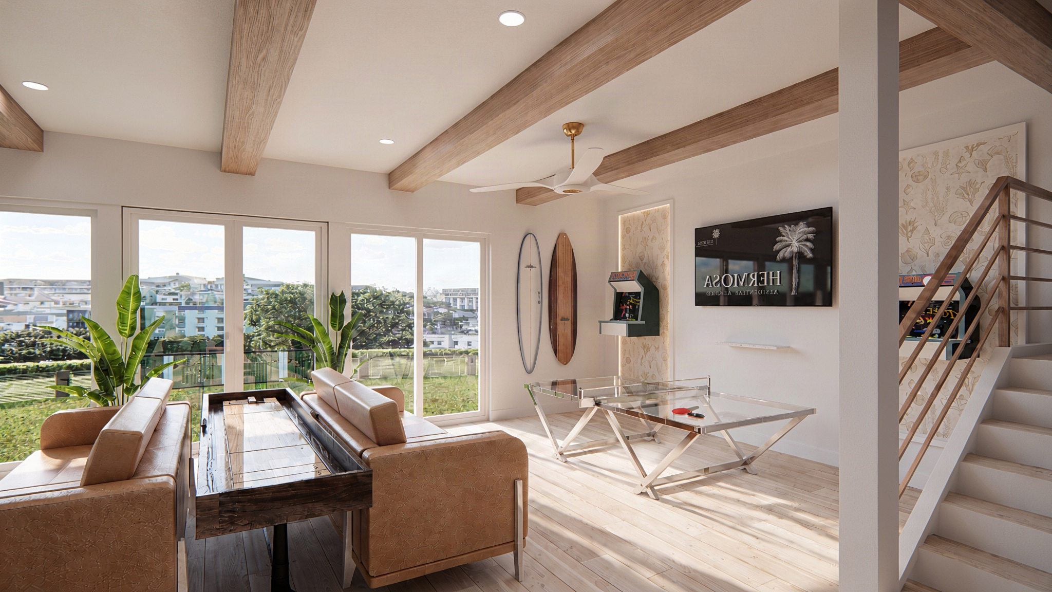 Game Room featuring a Pool Table, Custom-Glass Ping Pong, Shuffleboard, Foosball, and Arcade Games | Rendering 