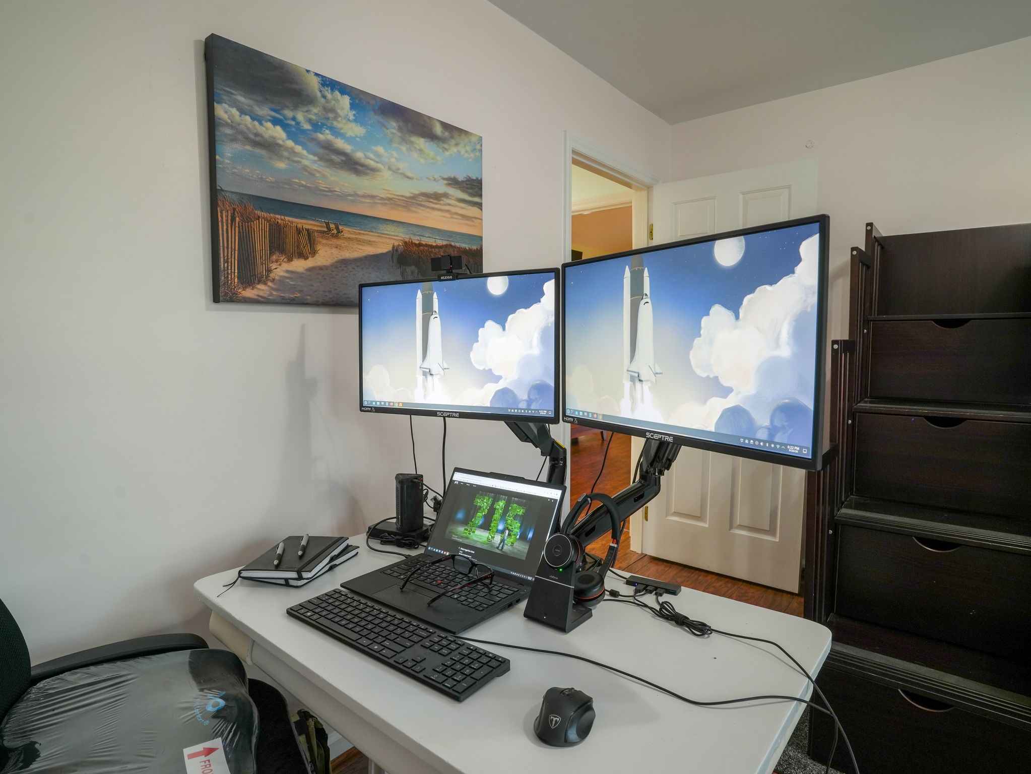 Bunk Bed, Work Station with Dual Monitor Display, Universal Dock, Keyboard, Mouse, Bluetooth Headset