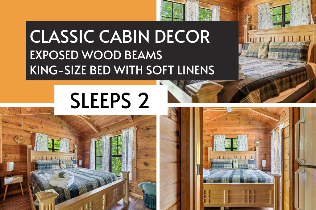 Sleep soundly in a rustic king suite with exposed wood beams, soft linens, and natural light. Experience true Smoky Mountain comfort and charm.