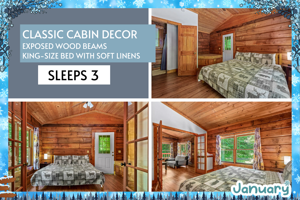 Sleep comfortably in a warm wood toned bedroom featuring exposed beams, soft linens, and a peaceful cabin atmosphere that feels inviting and calm.
