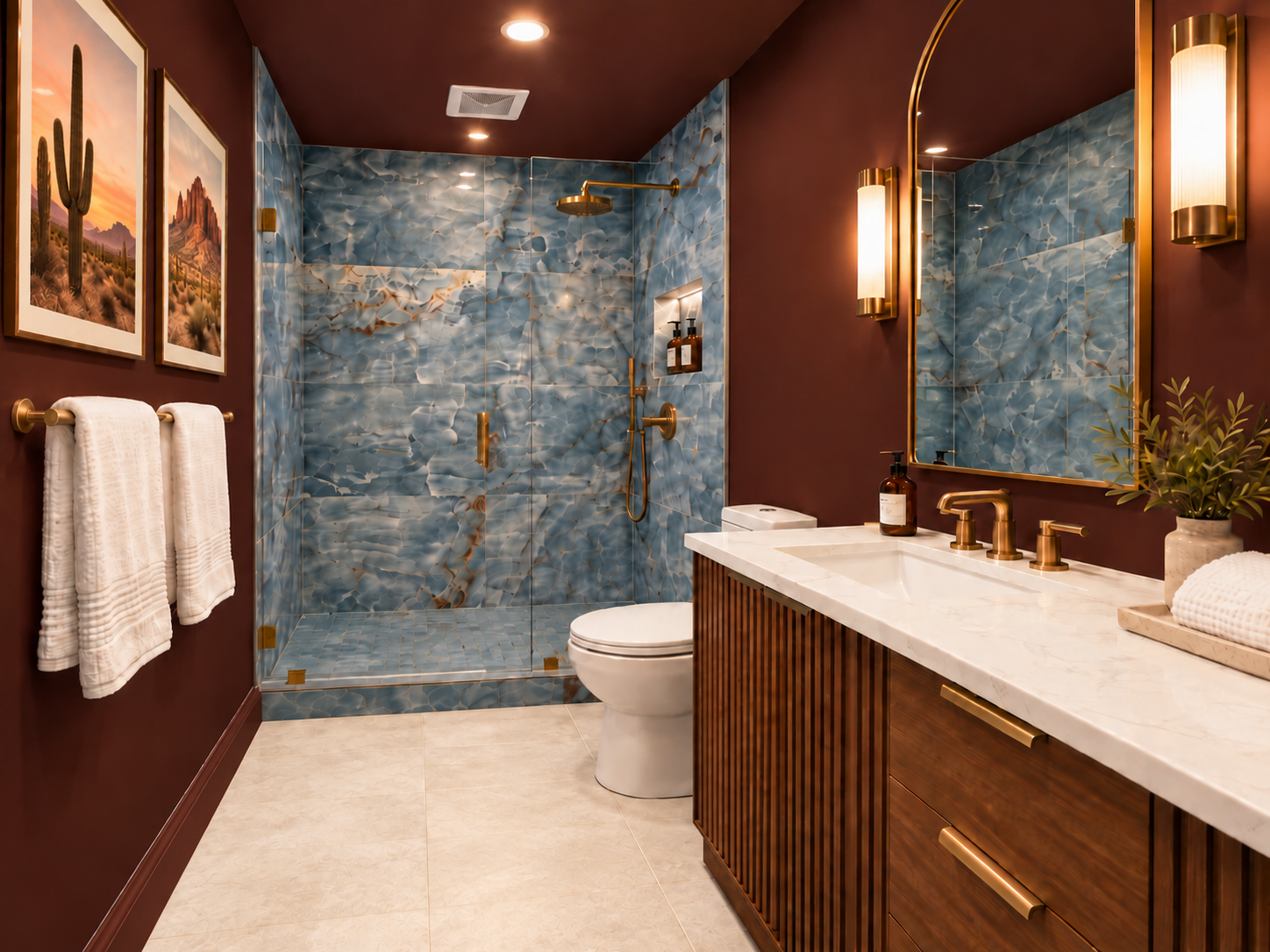 {Bathroom 2} A bold Scottsdale-inspired bath with double vanity, warm brass finishes, custom desert art, and a striking blue-tiled walk-in shower.