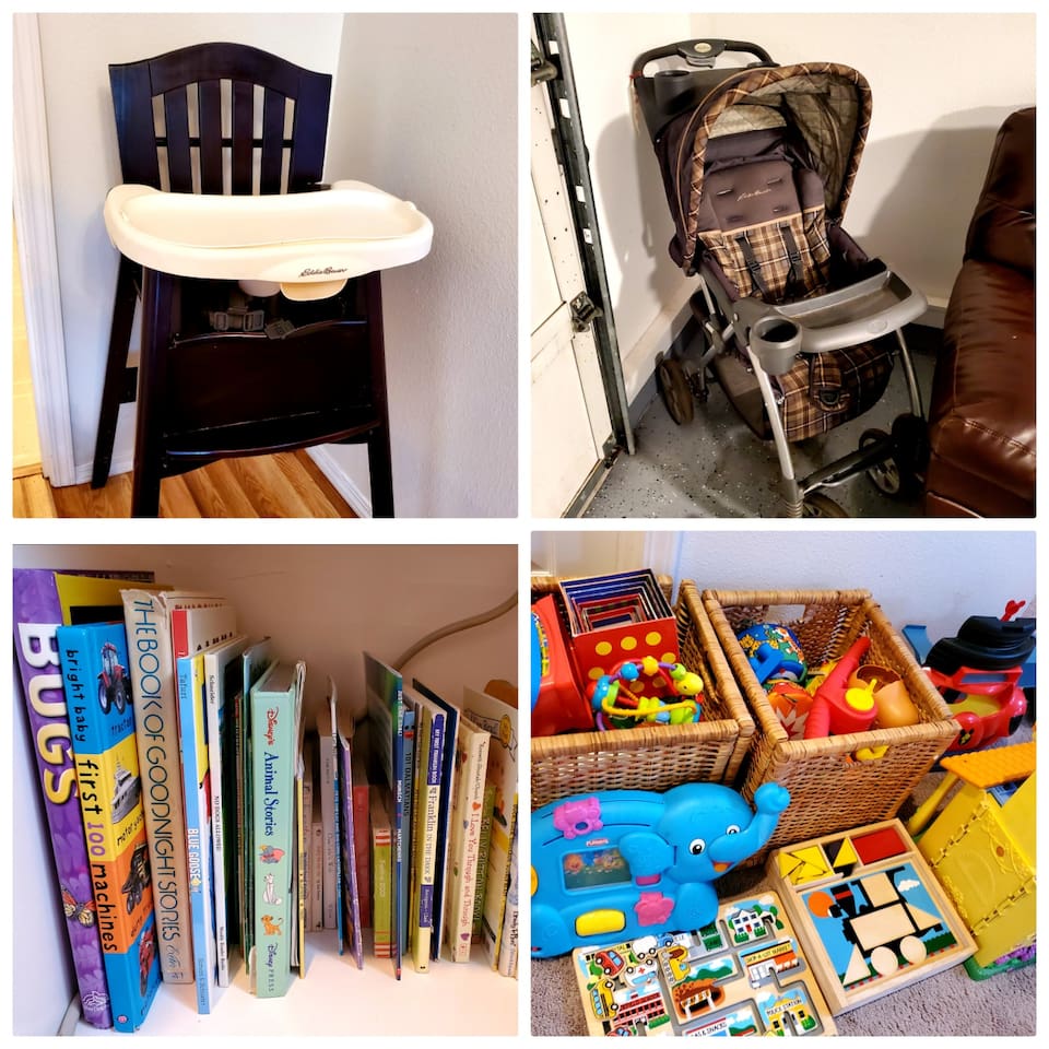 There's plenty of stuff for the kids, including a highchair, a stroller, books, and bins of toys. 