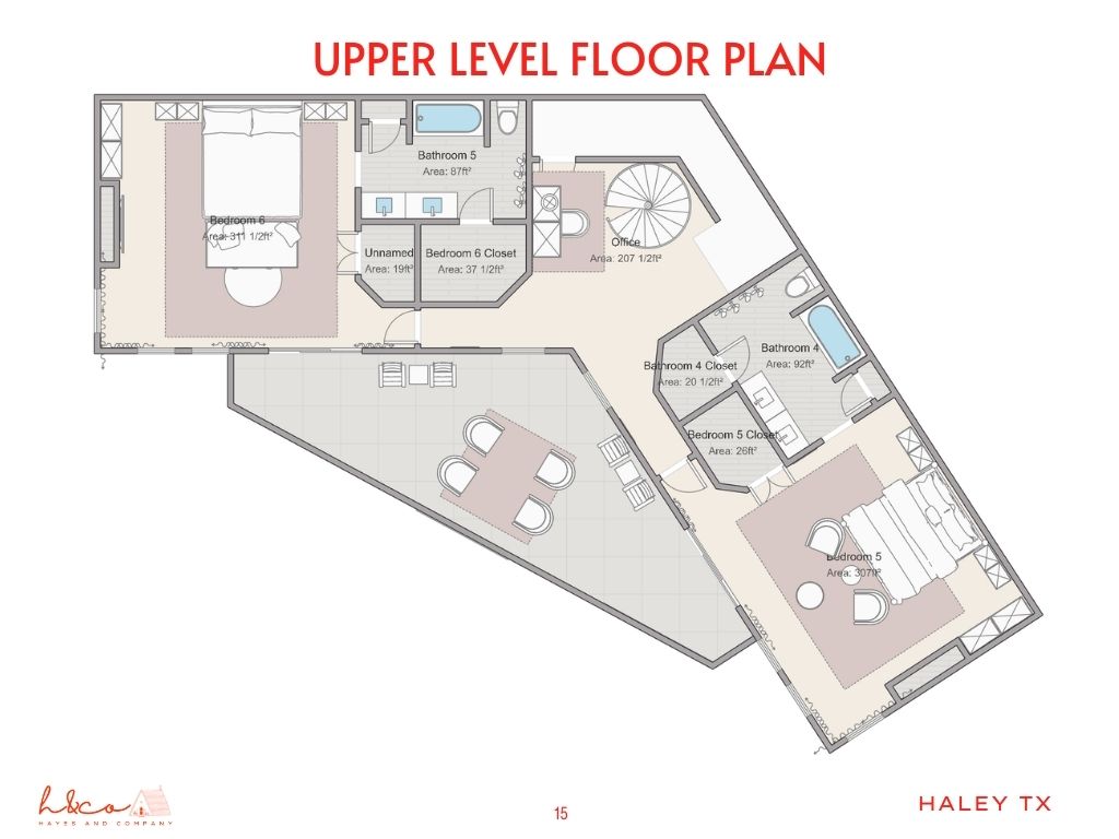 Here’s the upper-level floor plan—both Primary Suite Bedrooms are equally spacious and generously sized, designed as mirror images of each other. These two primaries share access to the Upper Level Deck. 