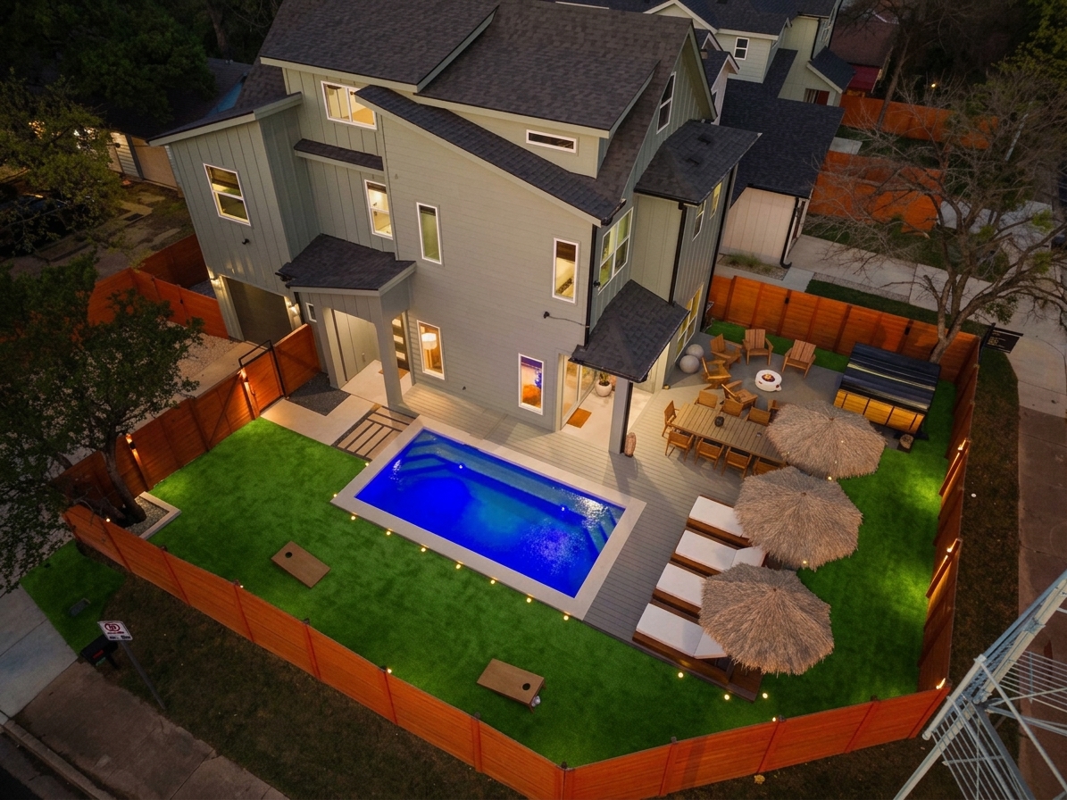 Aerial view of the property showcasing the pool, lounge areas, and outdoor space